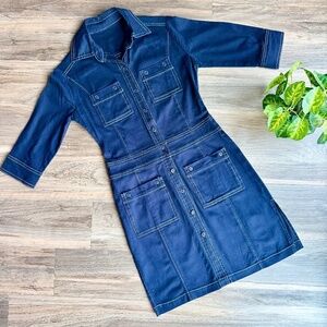 Dark Wash Denim Button-Up Utility Dress – Shirt Dress – Size‎ S